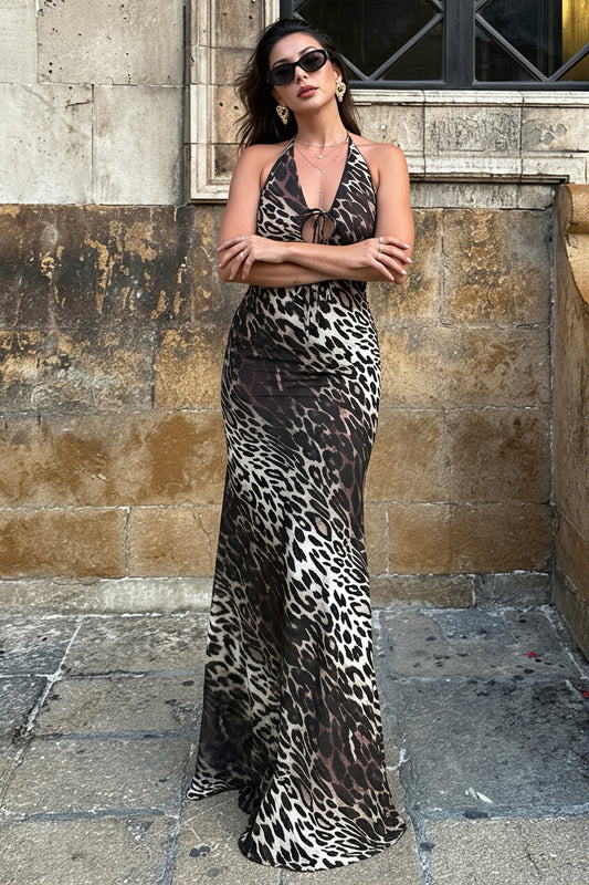 Leopard Open Back Bodycon Maxi Dress