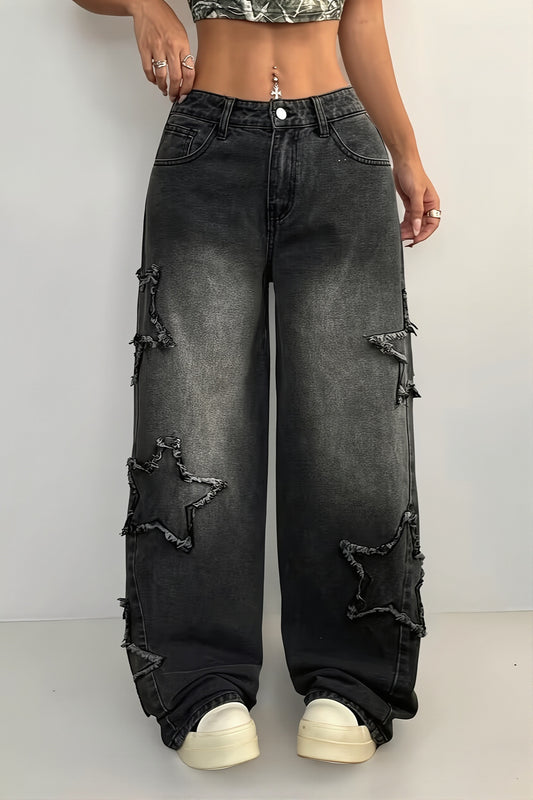 Frayed Star Applique Wide Leg Jeans
