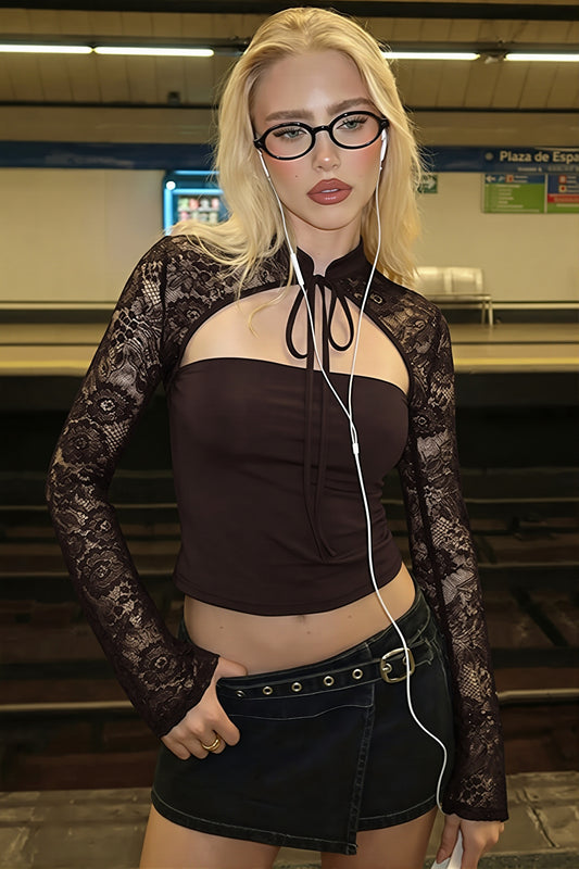 Holloe Lace Yoke Tie Front Blouse