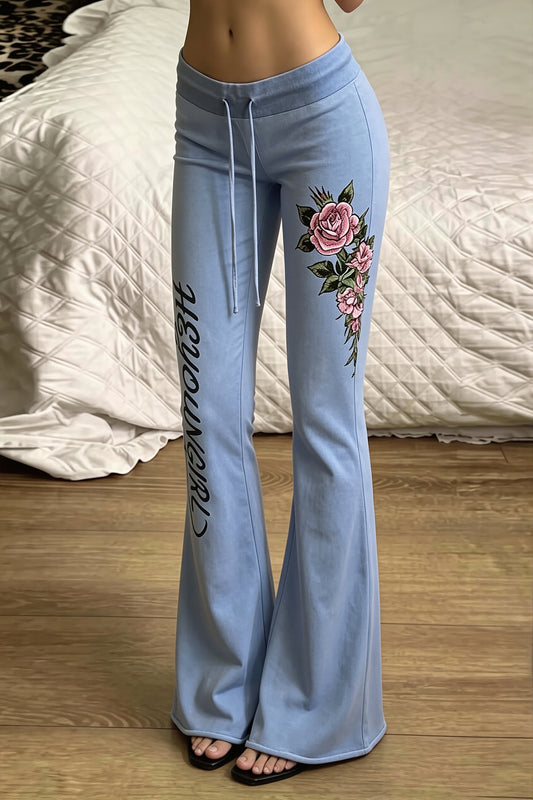 Floral Letter Print Low Rise Flared Pants