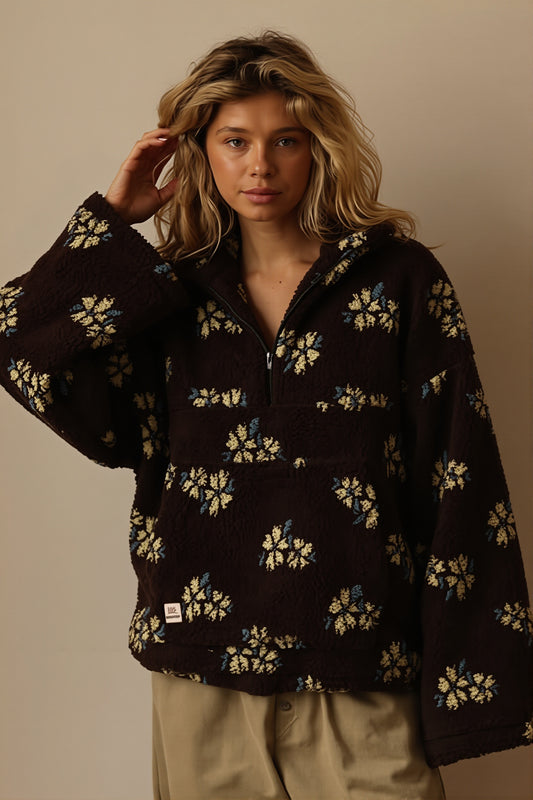 Floral Half Zip Sherpa Fleece Coat