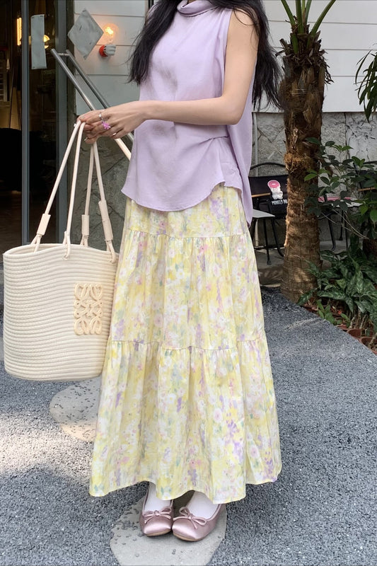 Monet Garden Yellow Floral Midi Skirt