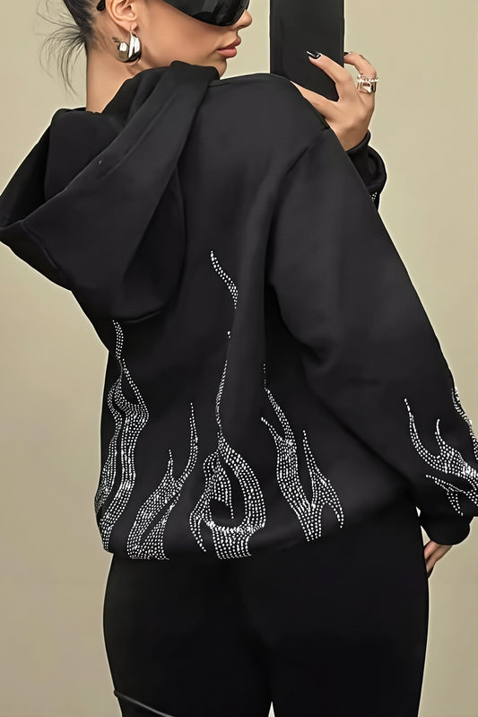 Rhinestone Flame Zip Hoodie