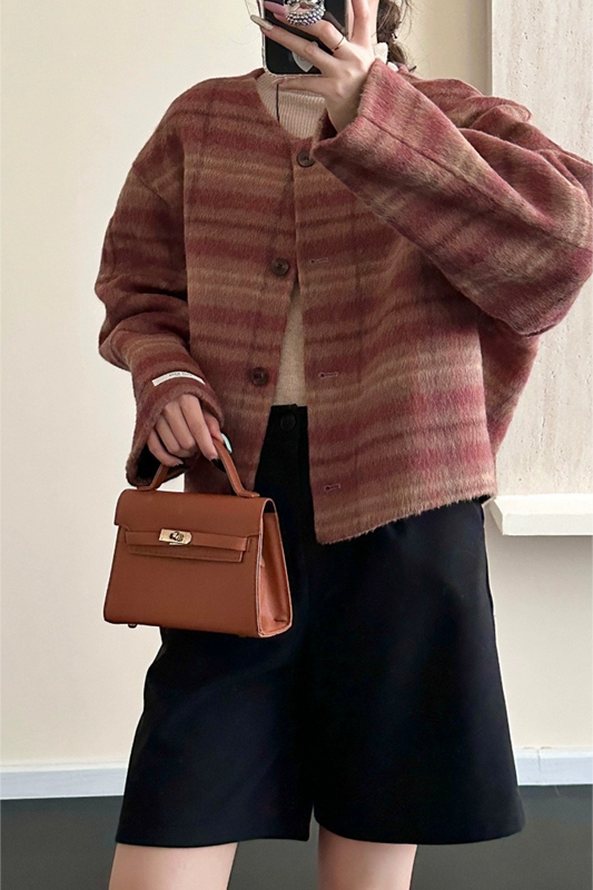 Plaid Crew Neck Single Breasted Drop Shoulder Wool Outerwear