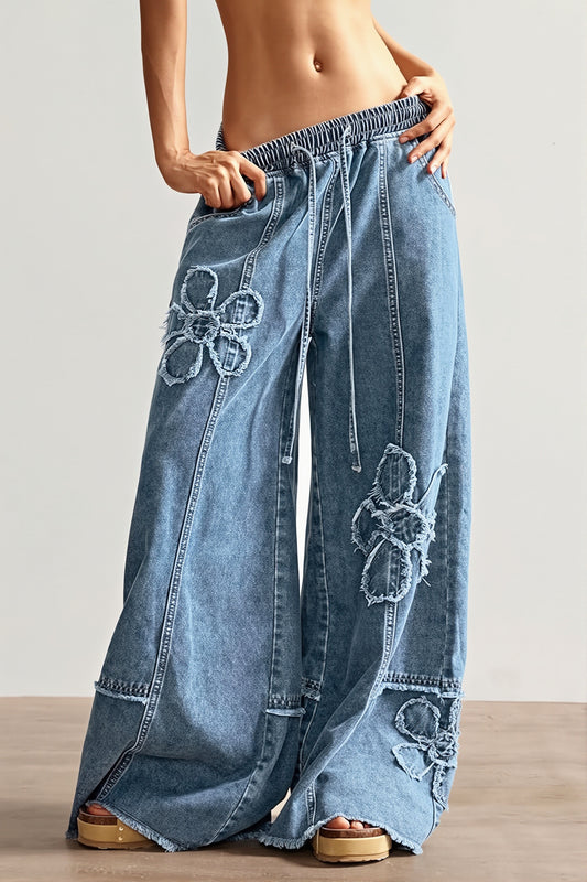 Floral Embroidered Drawstring Jeans