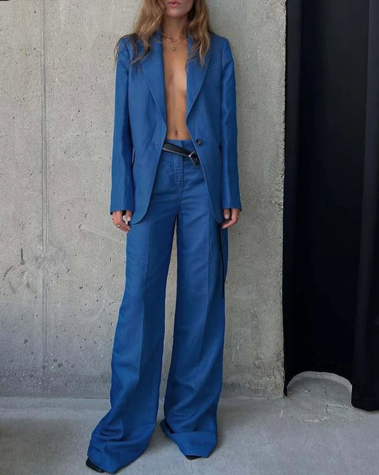Blue Cotton Single Button Wide Pants Office Two Piece Set
