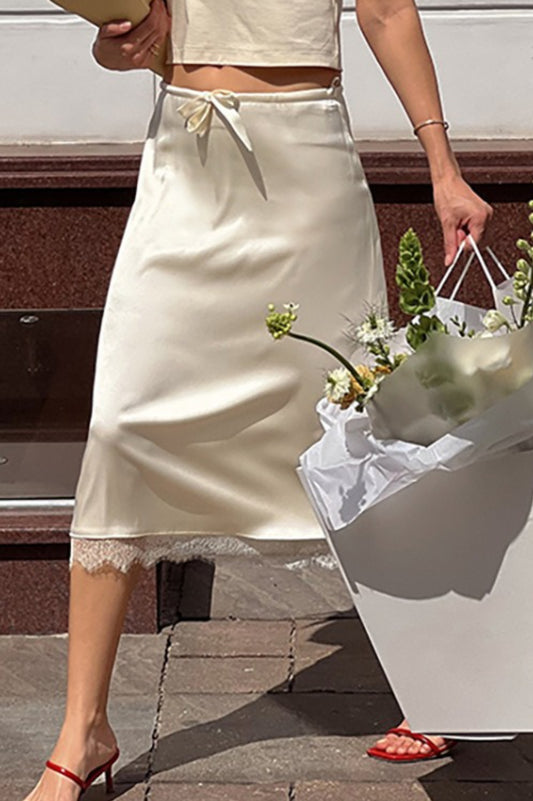 Elegant Lace Trim Tie Waist Midi Skirt