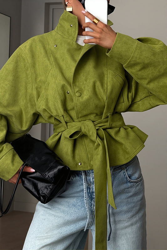 Cropped Belted Suede Look Coat