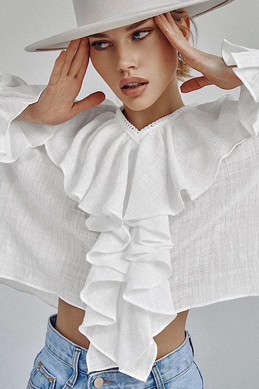 Cotton Ruffled V Neck Pullover Blouse