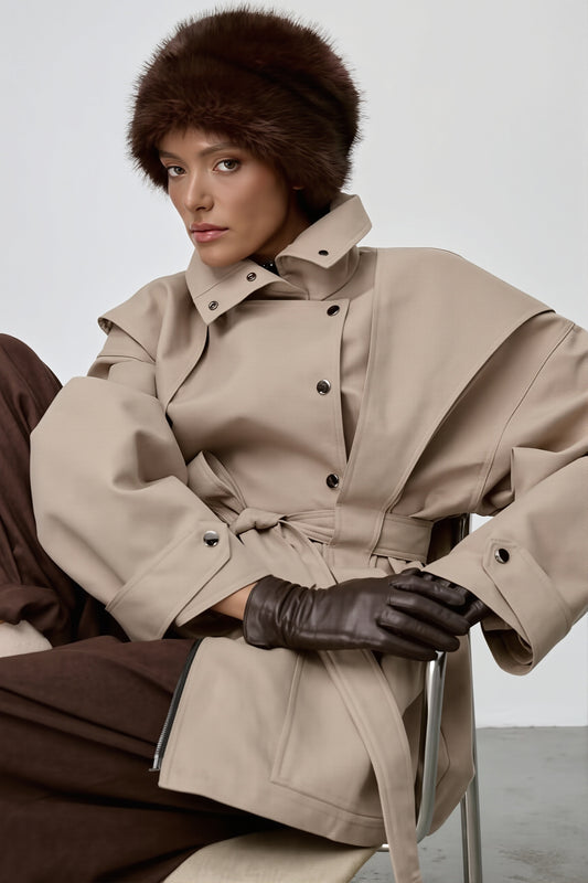 Belted High Collar Cape Sleeve Coat