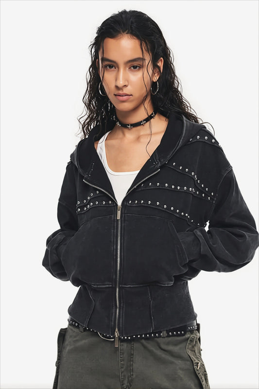 Studded Paneled Washed Zip Hoodie