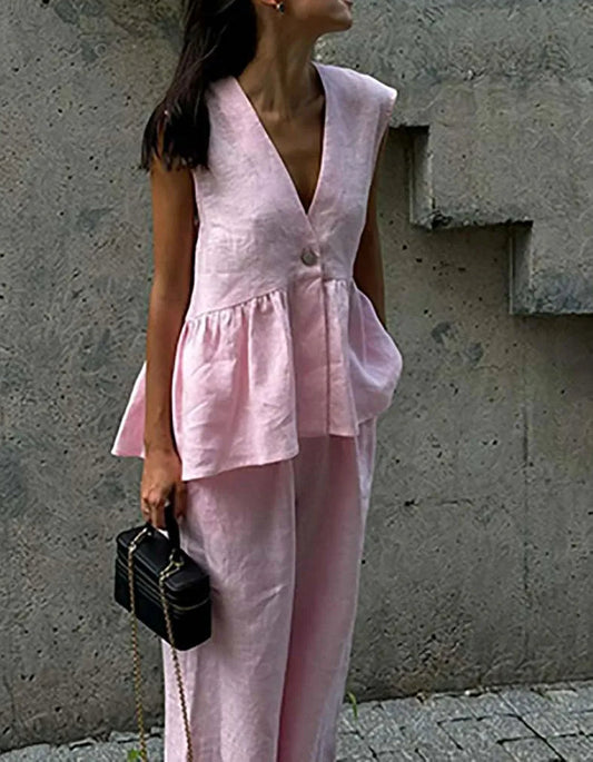 Pink Cotton Deep V-Neck Trousers Office Two Piece Set