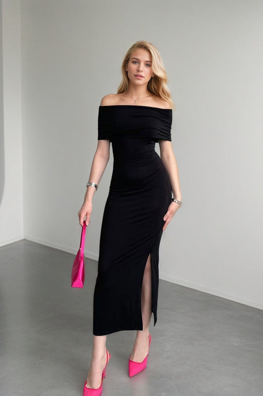 High Waist Off Shoulder Slit Formal Dress S / Black