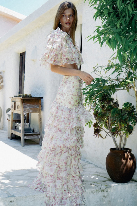 Ruffled Tiered Split Cake Skirt Two Piece Set