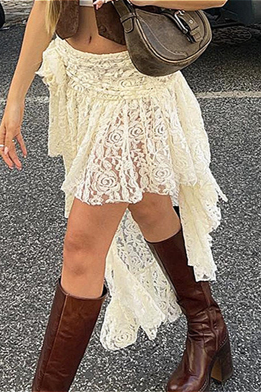 Rose Lace Asymmetrical Mini Skirt
