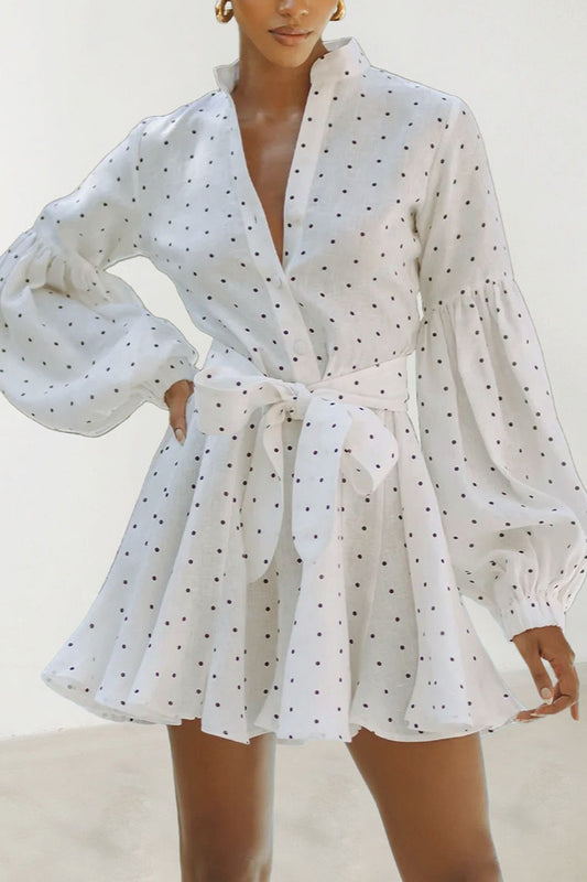 Polka Dot Lantern Sleeve Tie Mini Dress