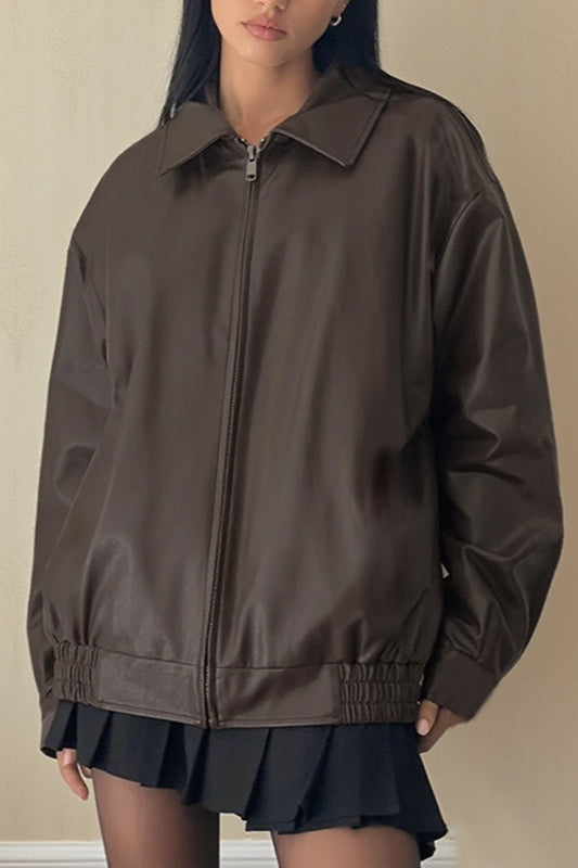 Long Sleeve Basic Loose Zipper Leather Coat Brown / S
