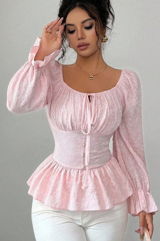 U Neck Tie Long Sleeve Designer Blouse