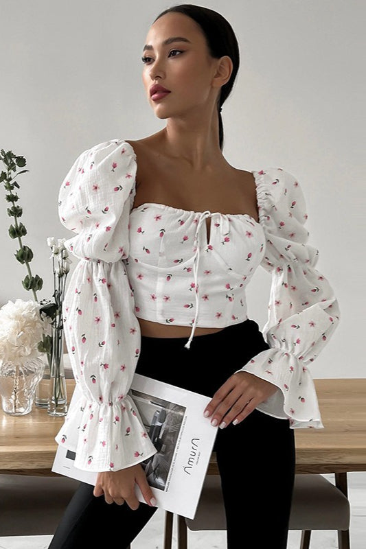 Square Neck Puff Sleeve Tie Floral Crop Blouse