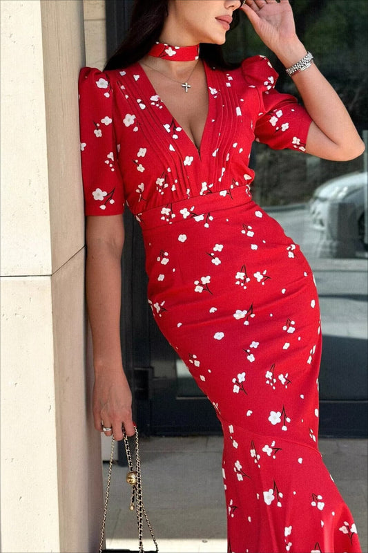 Fitted Floral Puff Sleeve Floral Dress