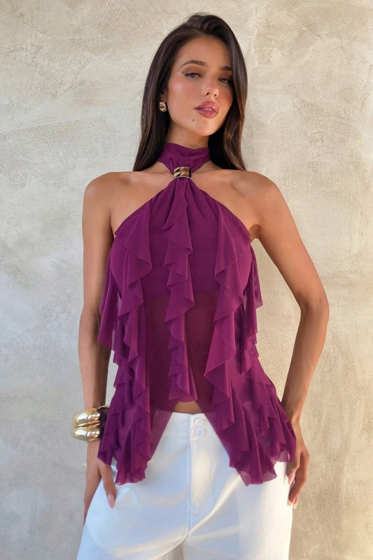 Chic Solid Ruffle Slim Halter Top