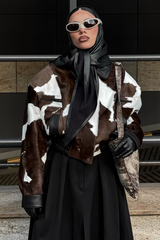 Manteau à col cranté en similicuir imprimé vache