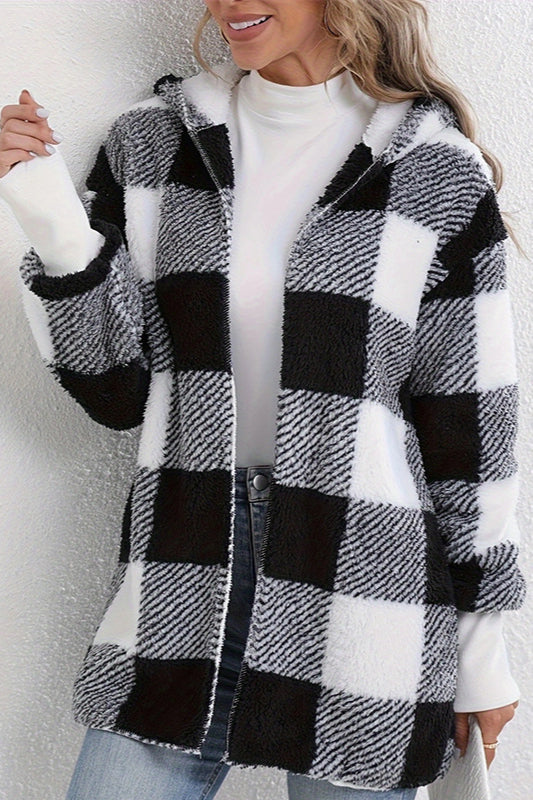 Plaid Fuzzy Hooded Mid Length Coat Black / S