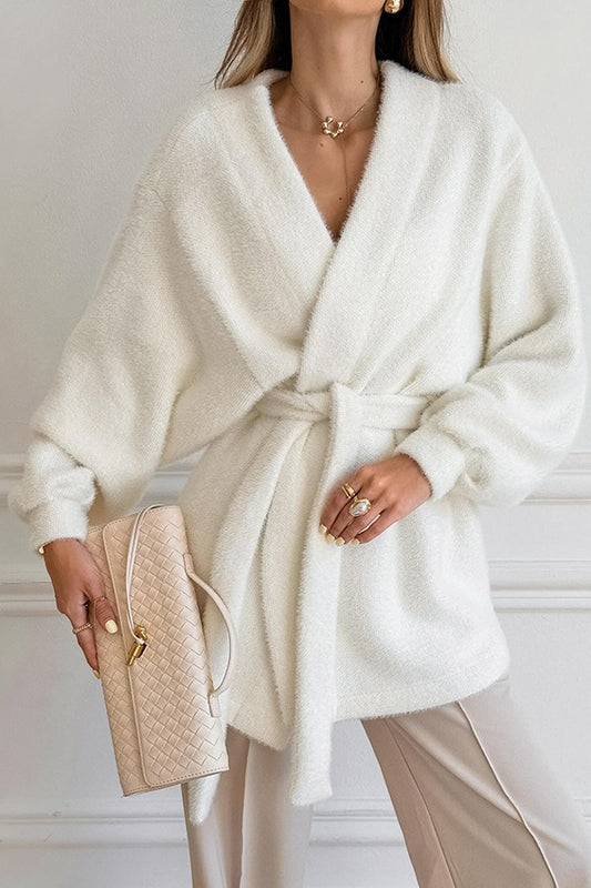 White Fuzzy Tie Waist Mid-Length Relaxed Cardigan