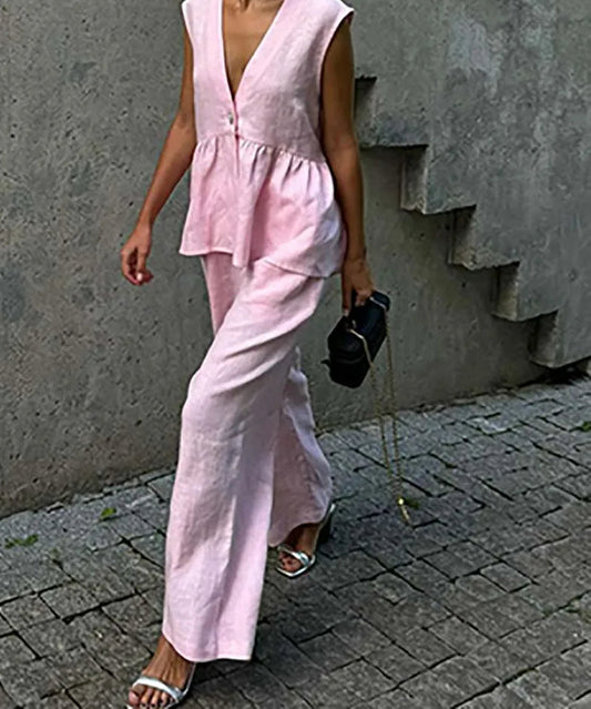 Pink Cotton Deep V-Neck Trousers Office Two Piece Set