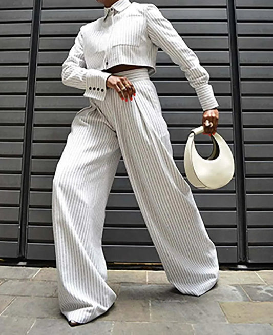 White Print Pockets Straight Pants Office Two Piece Set