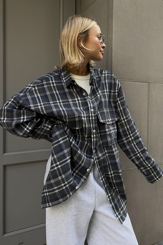 Plaid Mid Length Double Pocket Shirt Blouse