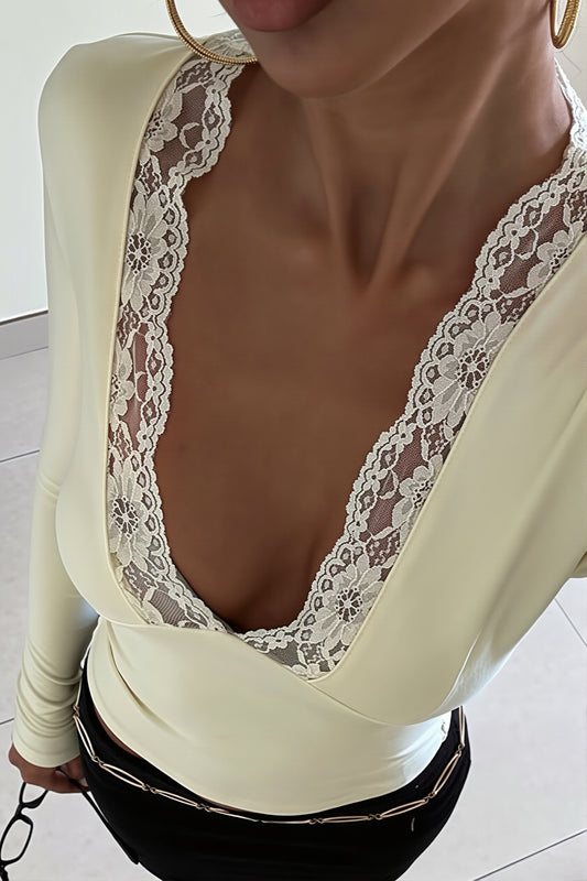 Lace V-Neck Long-Sleeve Patchwork Fitted Top