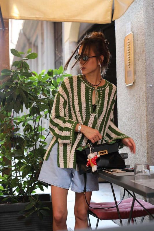 Green White Vertical Stripe Tie Waist Knit Sweater