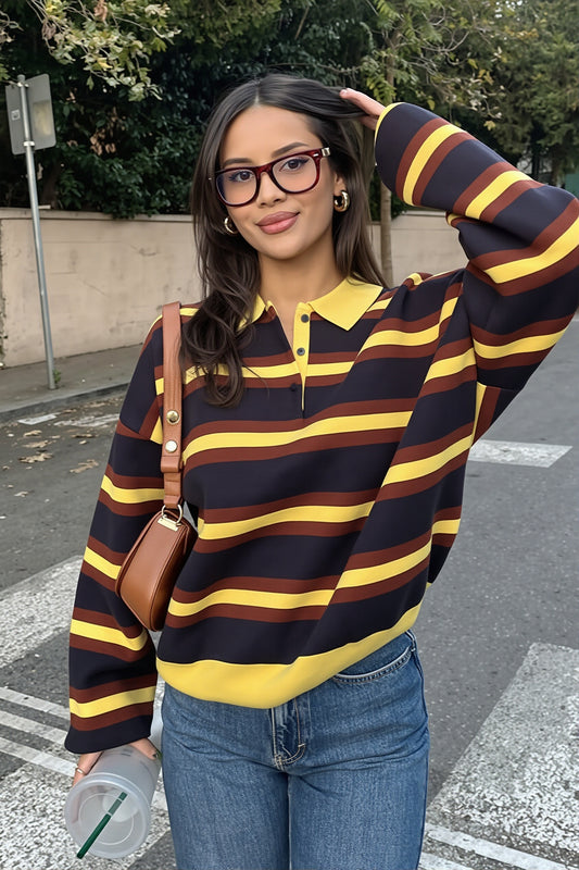 Striped Polo Collar Relaxed Sweater