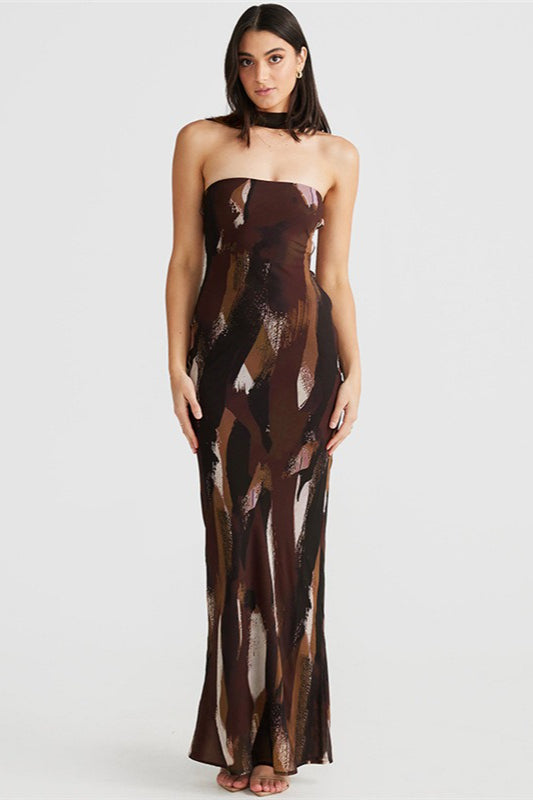 Robe longue imprimée dos nu sans bretelles