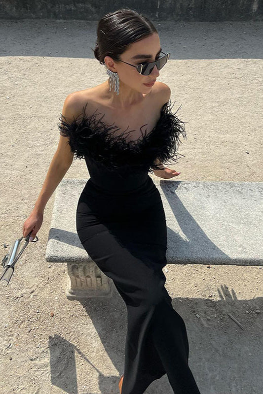 Strapless V-Neck Feathered Mermaid Party Dress