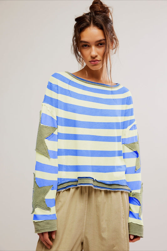 Star Sleeve Applique Stripe Sweatshirt