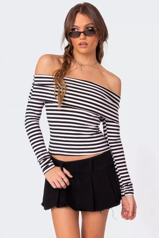 Slim Fit Striped Slit Neck Knit Top