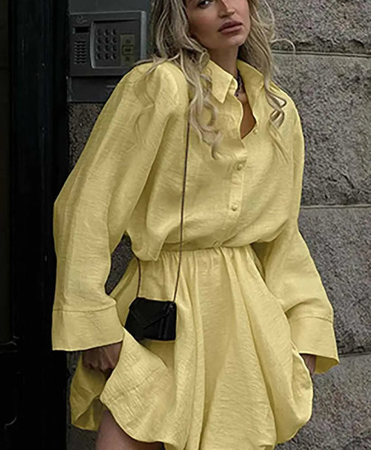 Yellow Cotton Single Breasted Mini Office Two Piece Set