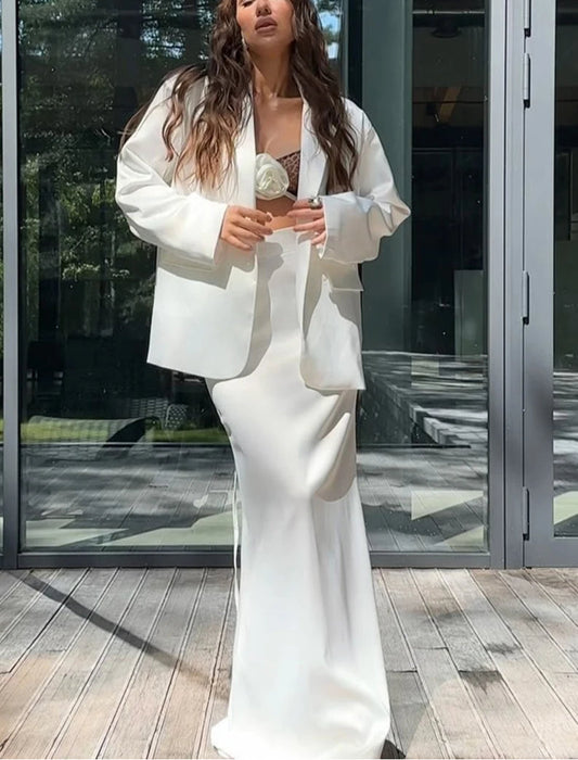 White Satin Long Sleeve Skirt Office Two Piece Set