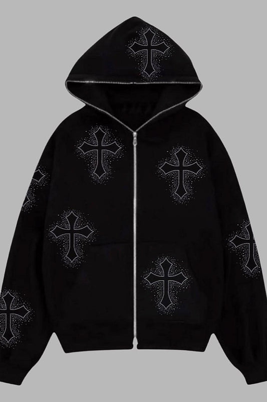 Rhinestone Cross Pullover Hoodie
