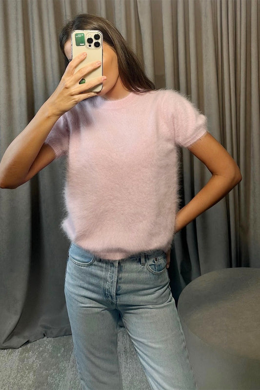Fuzzy Short Sleeve Crew Knit Sweater