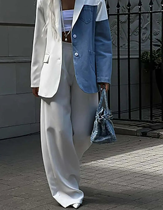 White Denim Patchwork Trousers Office Two Piece Set