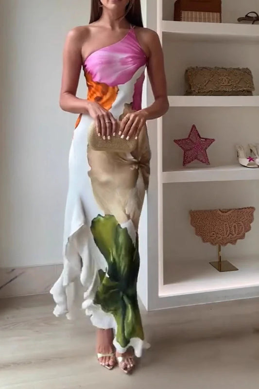 Ruffled One-Shoulder Flowing Suspender Maxi Dress