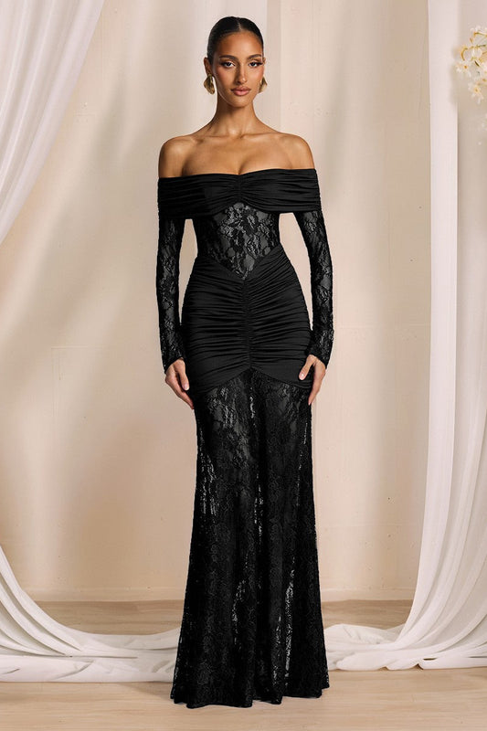 Elegant Lace Off Shoulder Long Sleeve Formal Dress Black / S