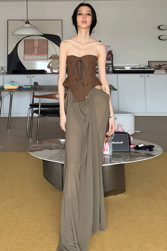 Tie Strapless High Waist Color Block Patchwork Maxi Dress