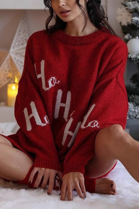 Elegant Jacquard Crew Neck Pullover Sweater Dress