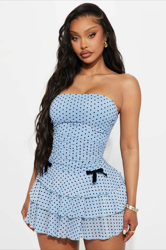 Sexy Bandeau Waist Polka Dot Mesh Bow Mini Dress