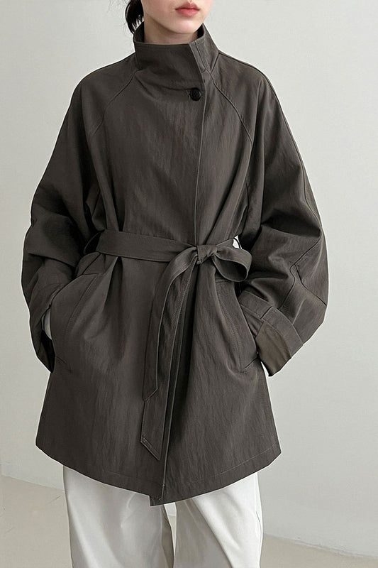 British-Style Stand-Collar Belted Mid-Length Trench Coat