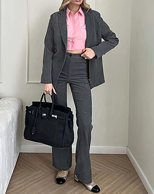 Wine Red Double Breasted Trousers Office Two Piece Set